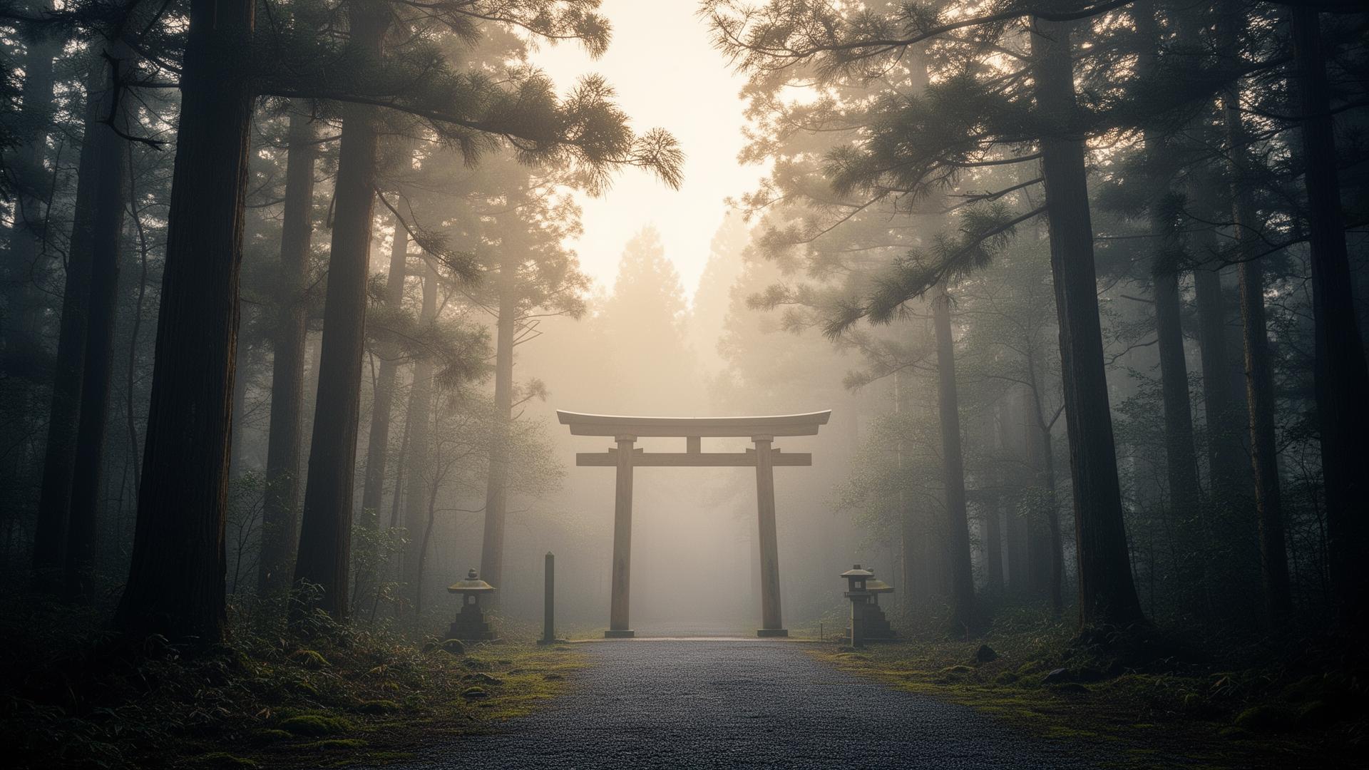 霧に包まれた日本の森と鳥居